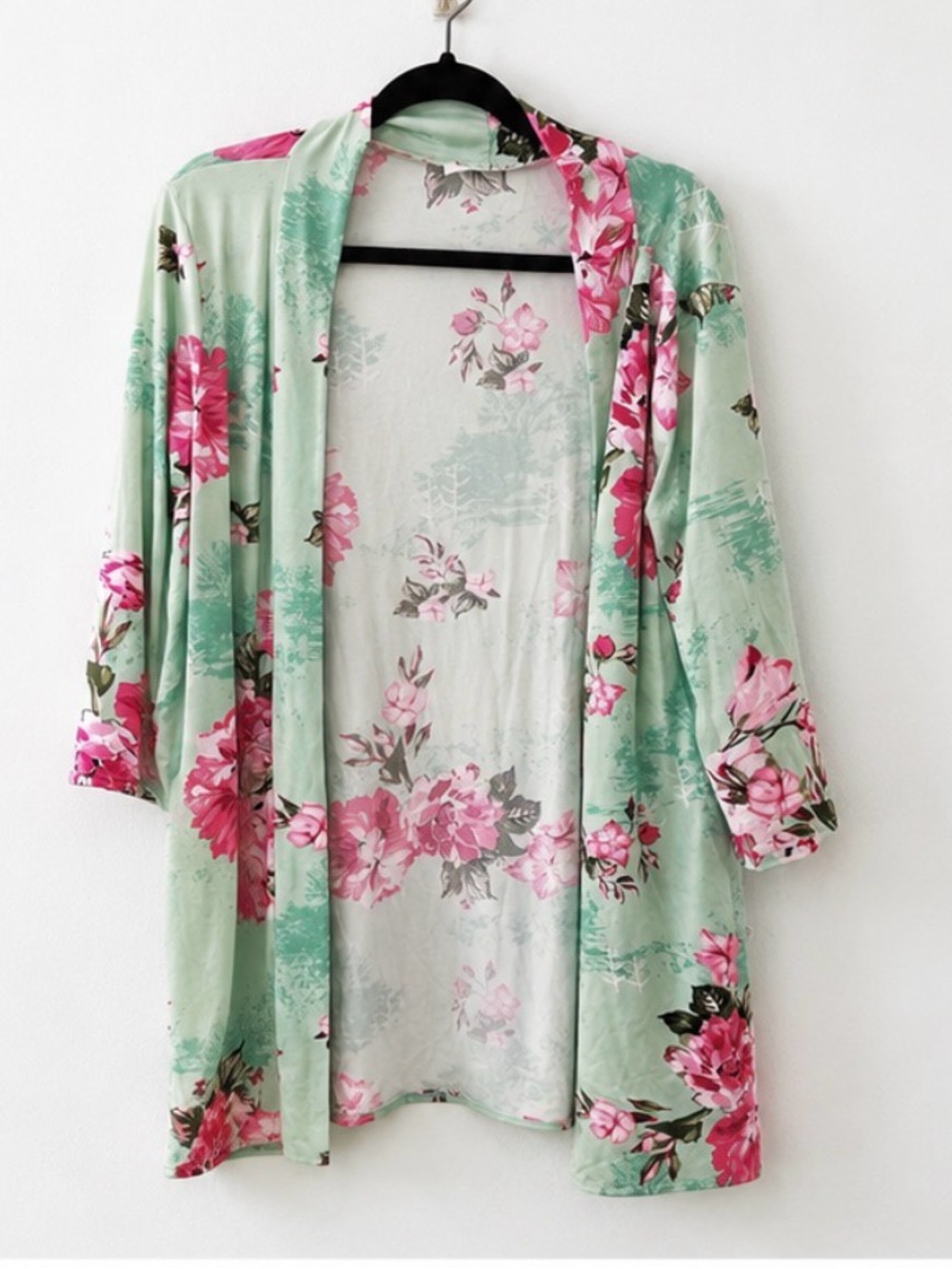Mint Floral Open-Front Women's Robe with Pink Blooms